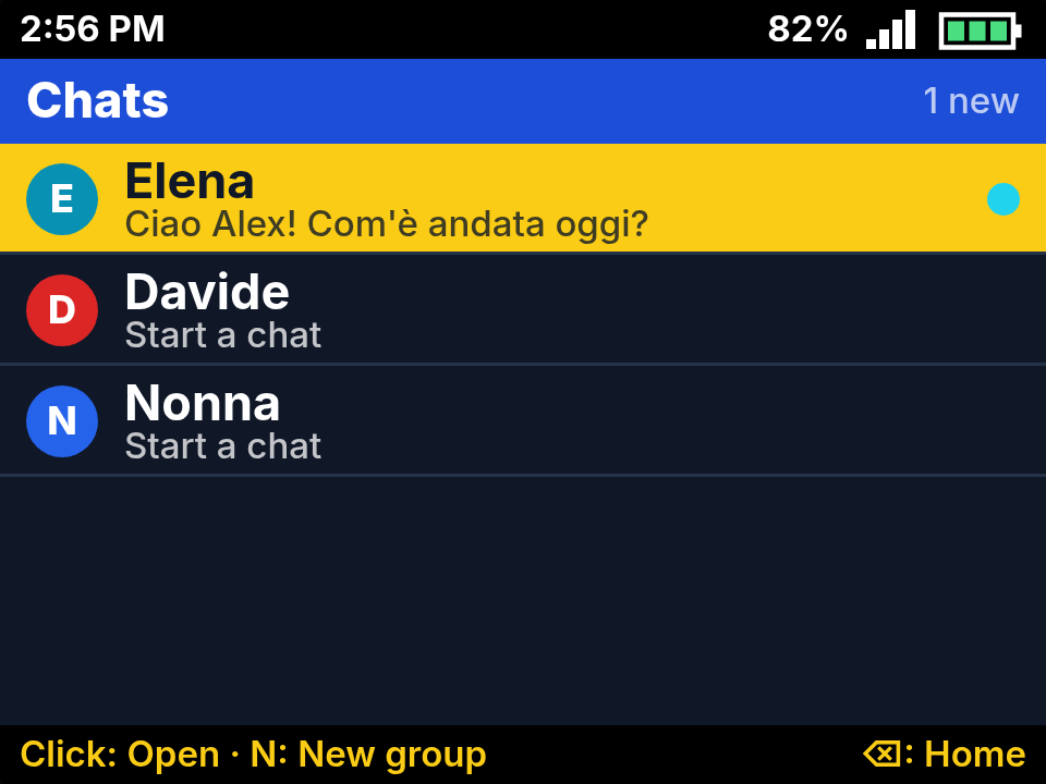 Scrivimi! home screen on the T-Deck